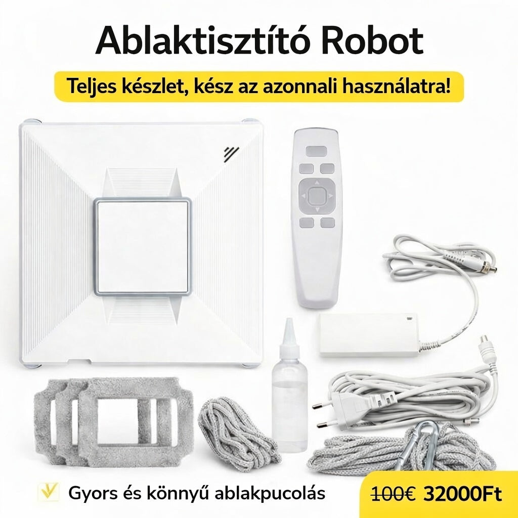 RoboStar okos ablaktisztító (autóablakok, padló, csempék és egyéb ablaktípusok tisztításához), vízpermet funkcióval, 72W/230V/650mAh teljesítménnyel, Wi-Fi támogatással és távirányítással vezérelhető.